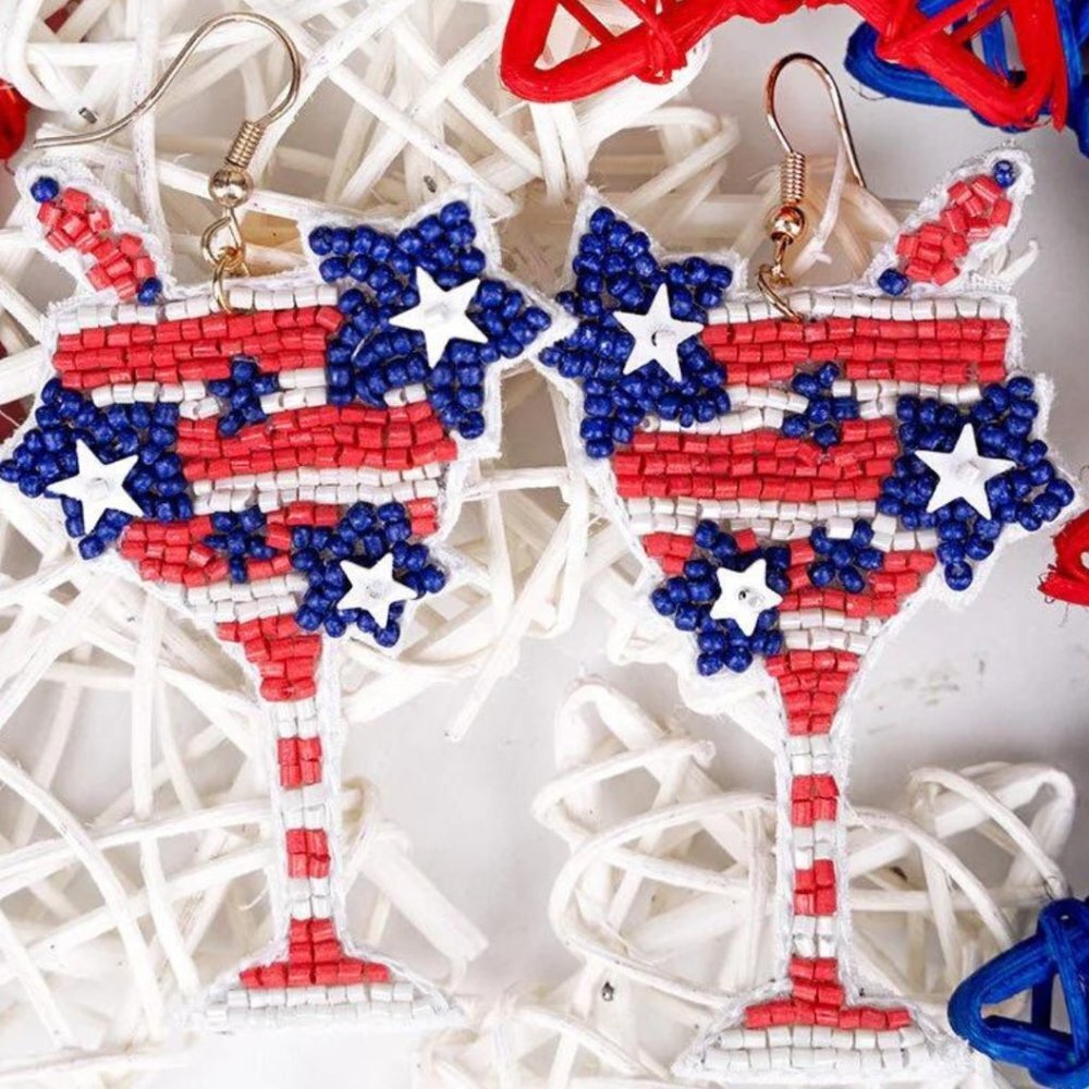 VIOLA Patriotic Cocktail Glass Seed Bead Pierced Earrings NWTā